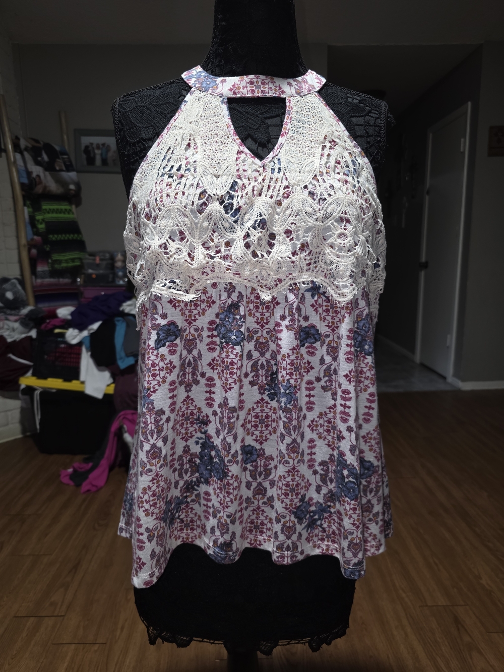 Rewind Cream Lace Halter Blouse with Pink & Blue Floral Print
